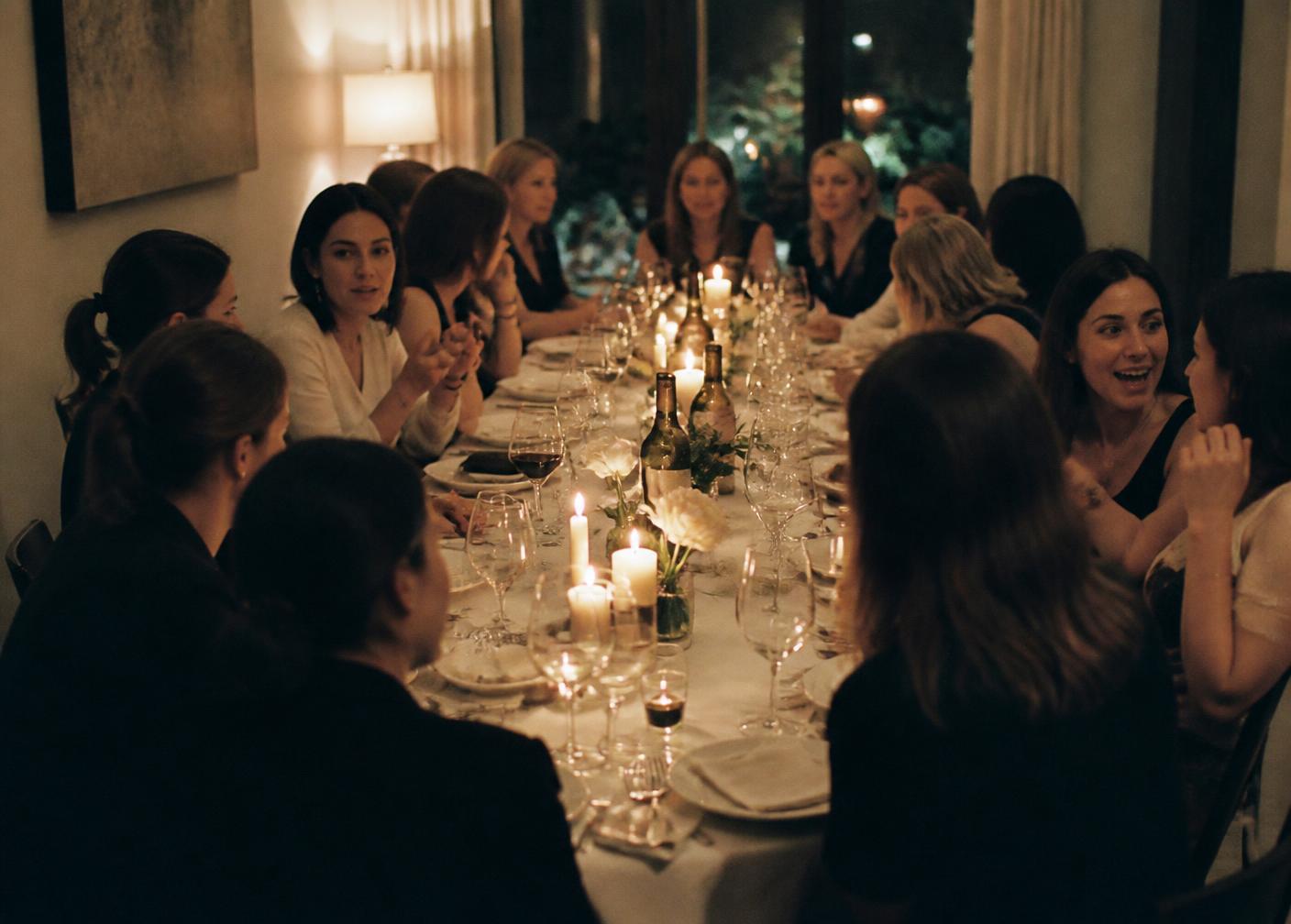 A long candlelit dinner table with twelve women in conversation