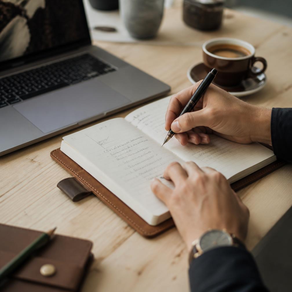Hands writing diligence notes in a leather notebook beside a laptop