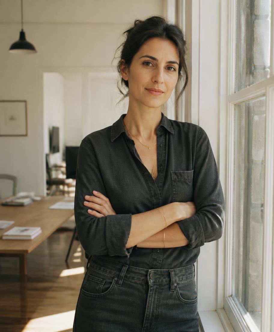 A member standing at the window of her studio