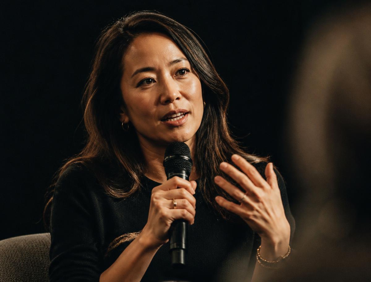 A woman investor speaking to a small audience